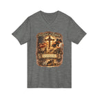Christian Faith V-Neck Tee — "For God So Loved" Cross & Scripture