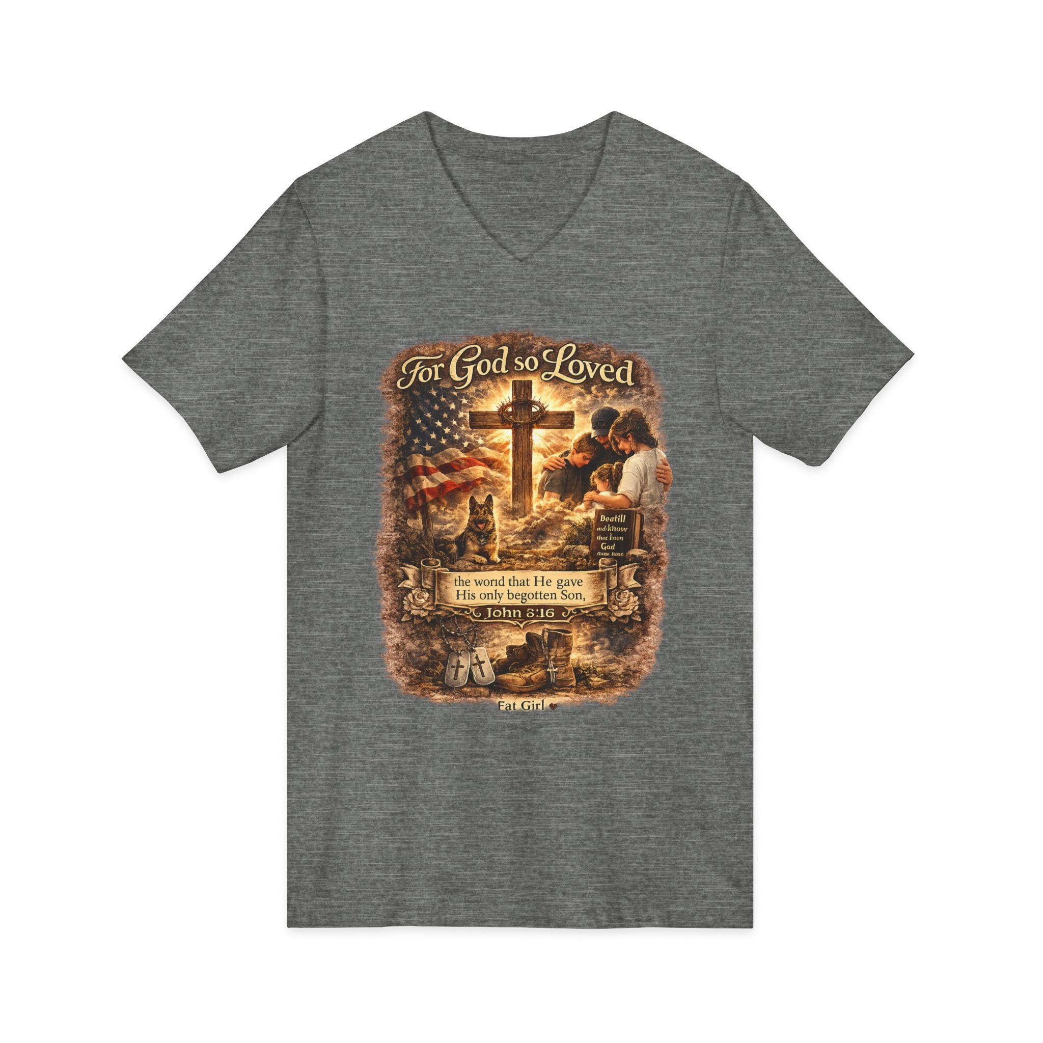 Christian Faith V-Neck Tee — "For God So Loved" Cross & Scripture