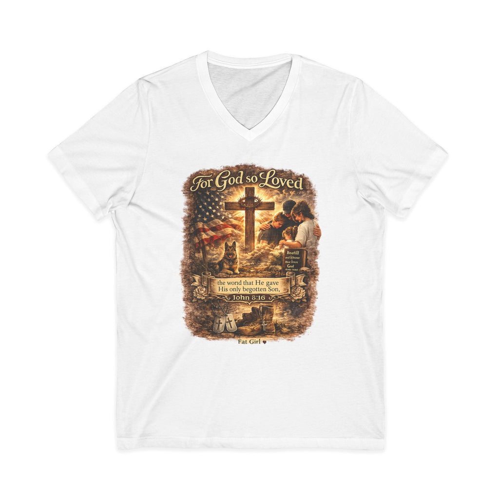 Christian Faith V-Neck Tee — "For God So Loved" Cross & Scripture