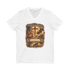 Christian Faith V-Neck Tee — "For God So Loved" Cross & Scripture