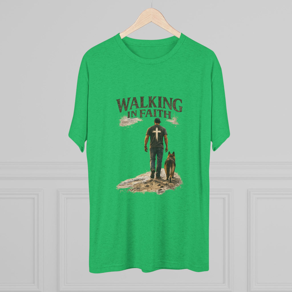 Walking in Faith T-Shirt — Christian Faith Tee with Man & Dog Graphic
