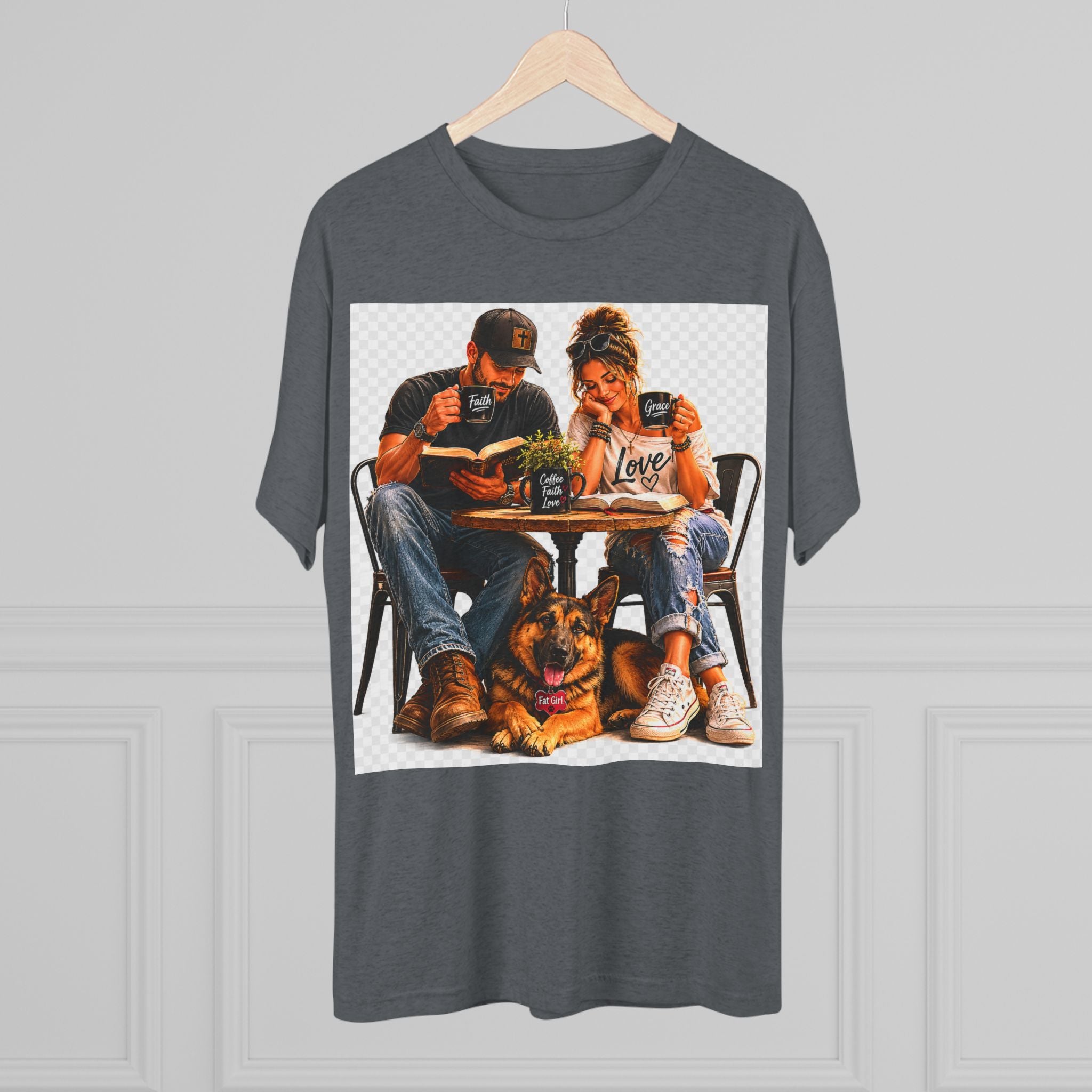 Couple Coffee Date T-Shirt with Dog — 'Love' Café Vibe Tee
