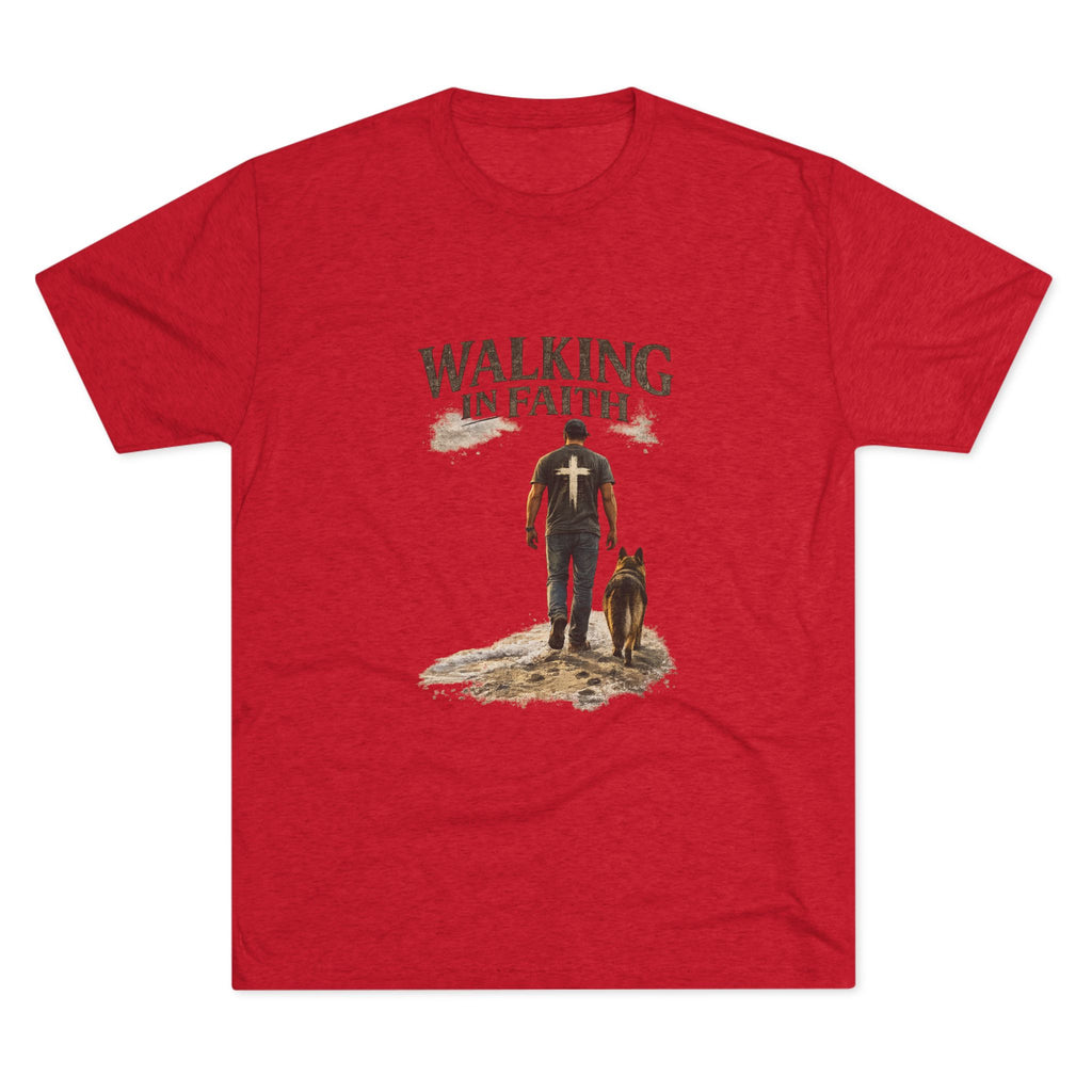 Walking in Faith T-Shirt — Christian Faith Tee with Man & Dog Graphic