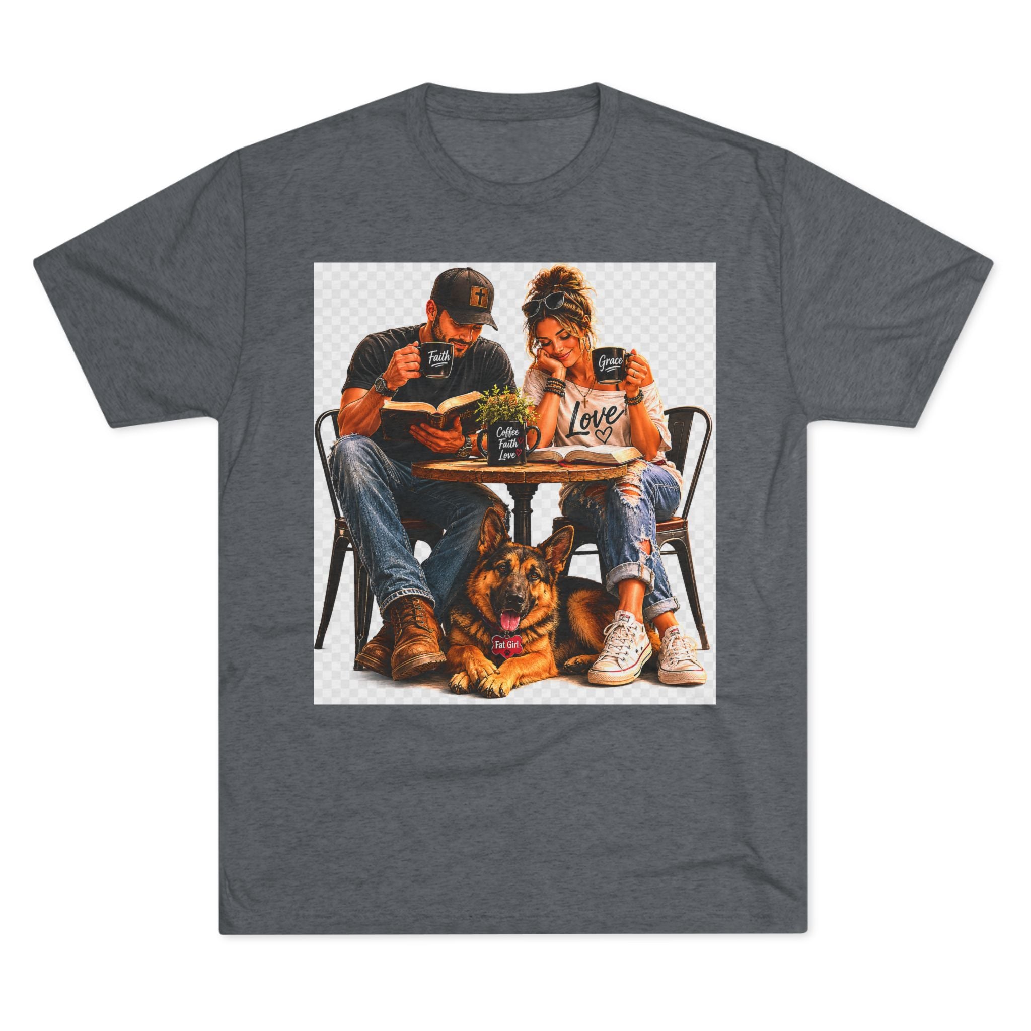Couple Coffee Date T-Shirt with Dog — 'Love' Café Vibe Tee
