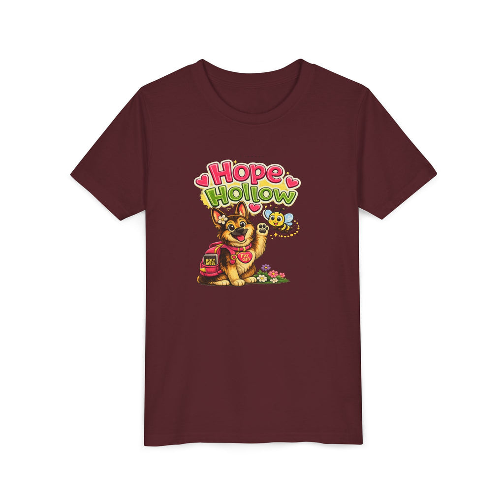 Youth Tee — "Hope Hollow" Christian Kids Shirt with Cute Puppy & "Walking in God's Love Every Day" Design