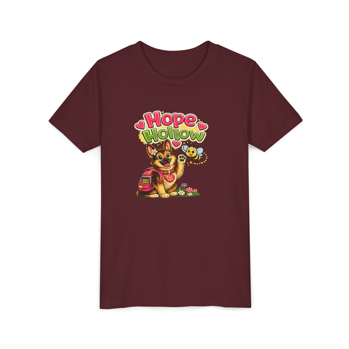 Youth Tee — "Hope Hollow" Christian Kids Shirt with Cute Puppy & "Walking in God's Love Every Day" Design