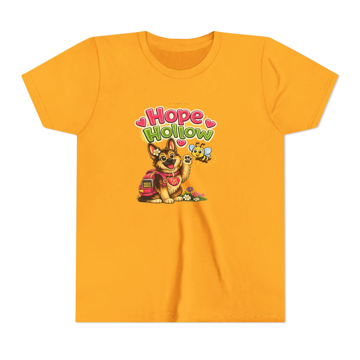 Youth Tee — "Hope Hollow" Christian Kids Shirt with Cute Puppy & "Walking in God's Love Every Day" Design