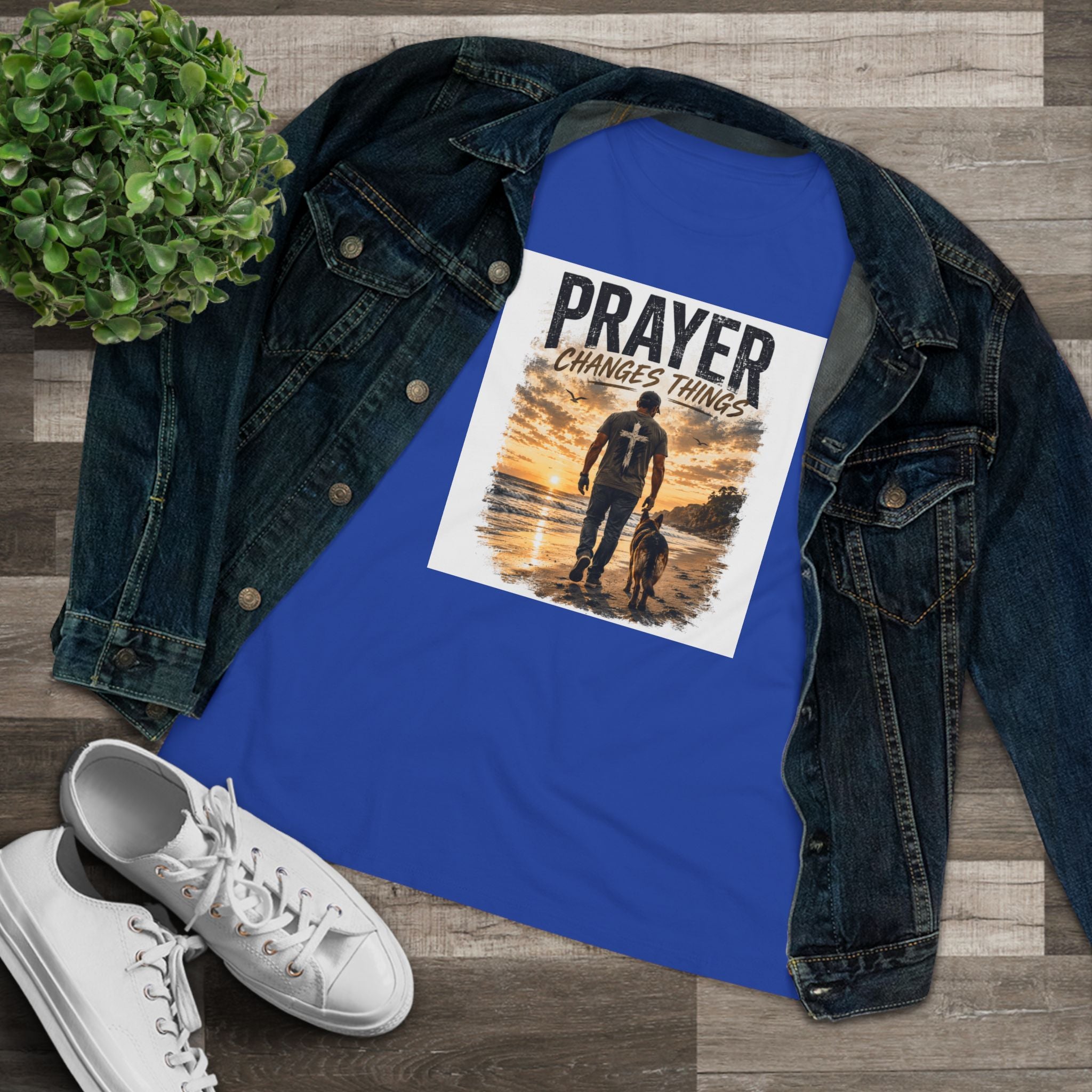 Prayer Changes Things Women’s Tee — Inspirational Christian Faith Shirt (Father & Child Sunset Design)