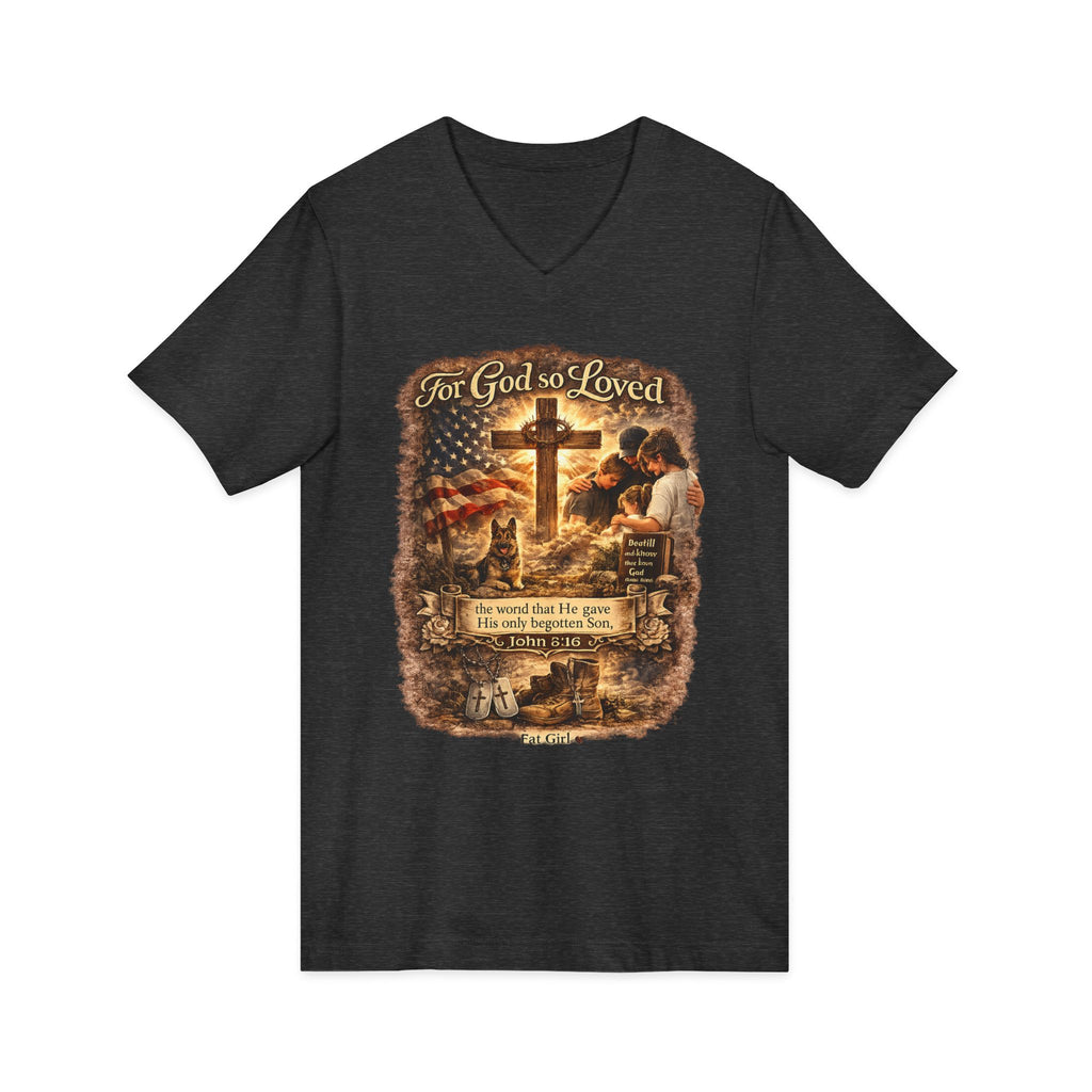 Christian Faith V-Neck Tee — "For God So Loved" Cross & Scripture