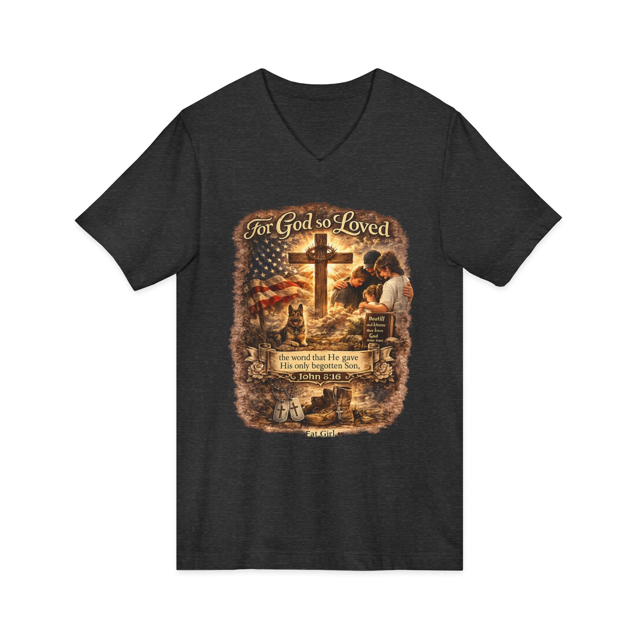 Christian Faith V-Neck Tee — "For God So Loved" Cross & Scripture