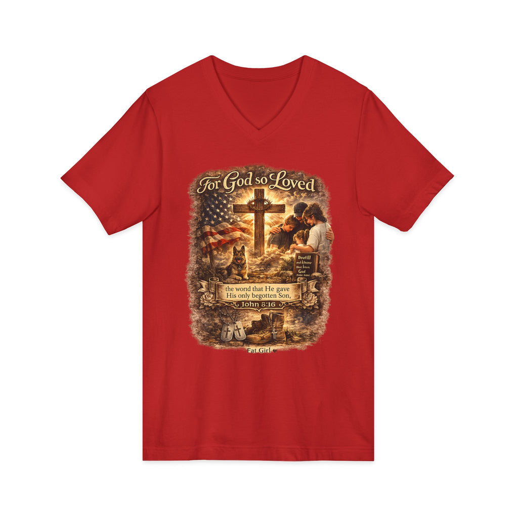 Christian Faith V-Neck Tee — "For God So Loved" Cross & Scripture