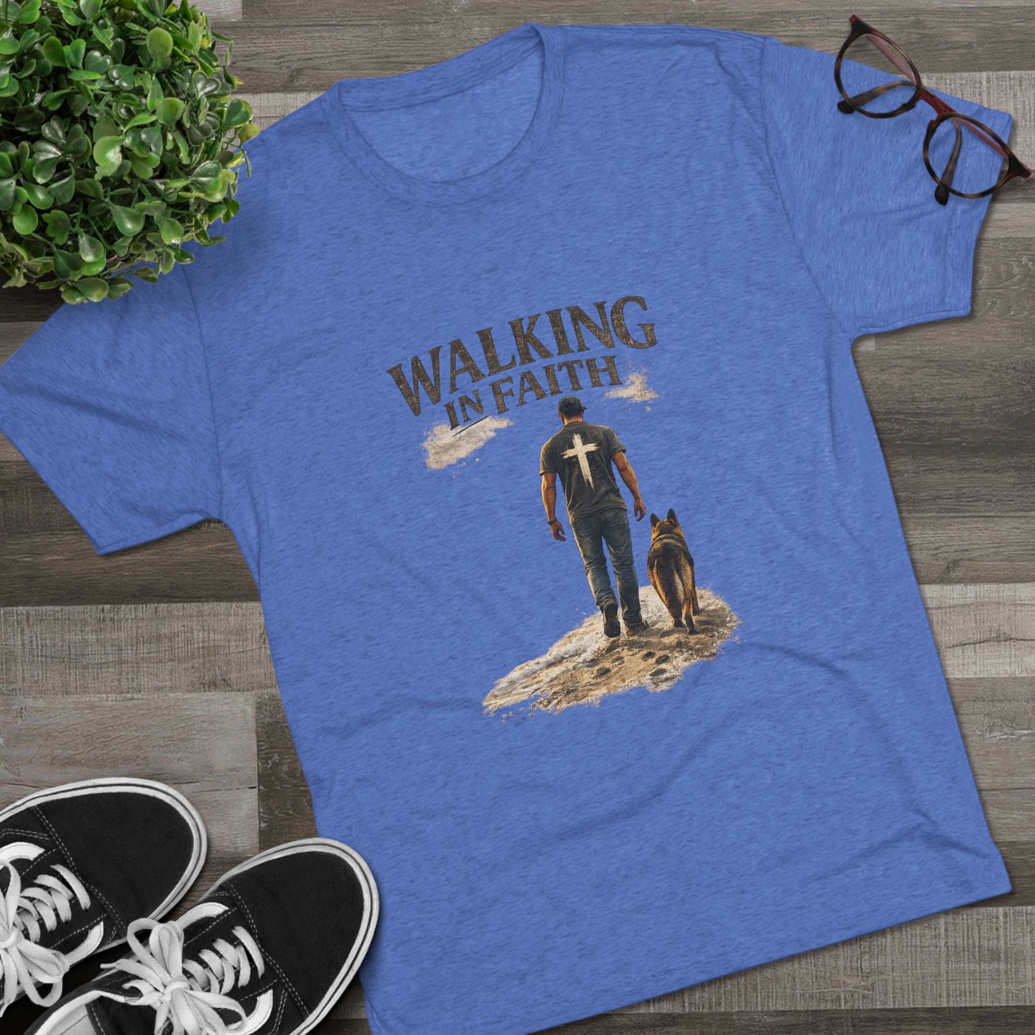Walking in Faith T-Shirt — Christian Faith Tee with Man & Dog Graphic