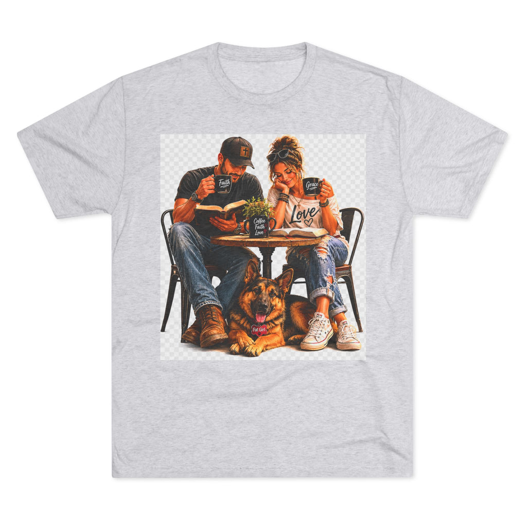 Couple Coffee Date T-Shirt with Dog — 'Love' Café Vibe Tee