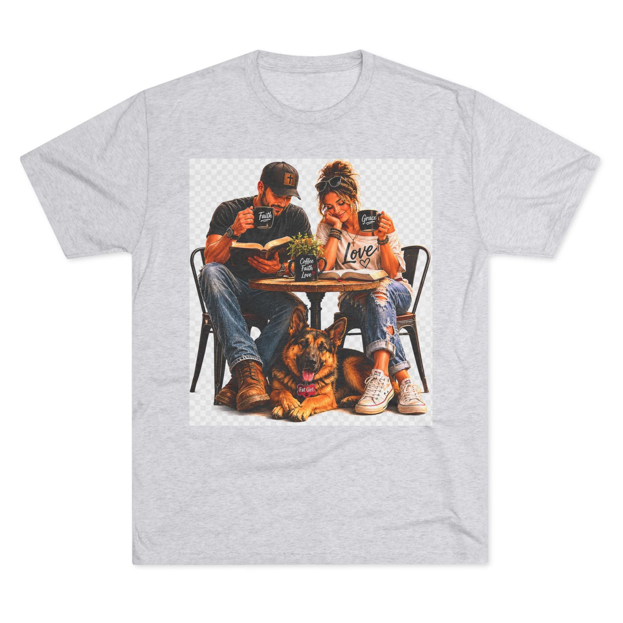 Couple Coffee Date T-Shirt with Dog — 'Love' Café Vibe Tee