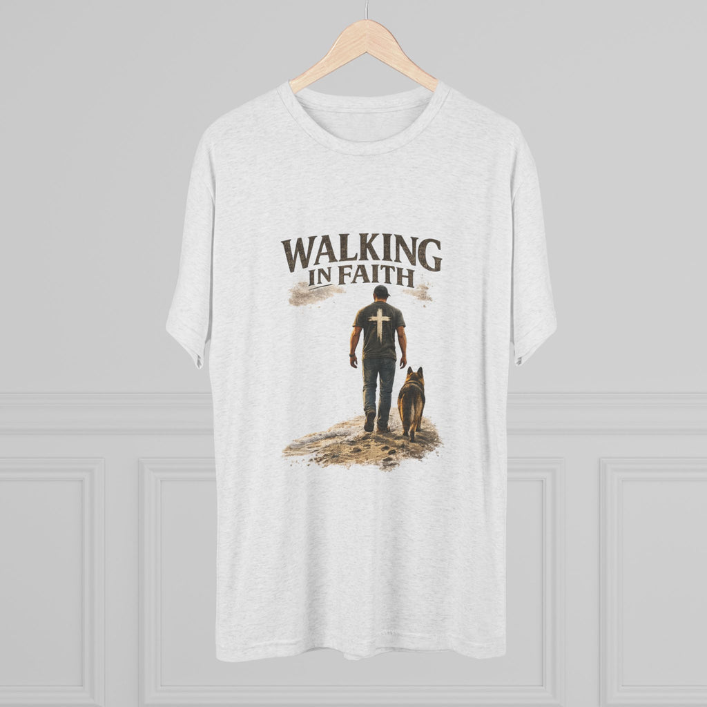 Walking in Faith T-Shirt — Christian Faith Tee with Man & Dog Graphic