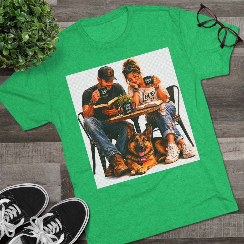 Couple Coffee Date T-Shirt with Dog — 'Love' Café Vibe Tee